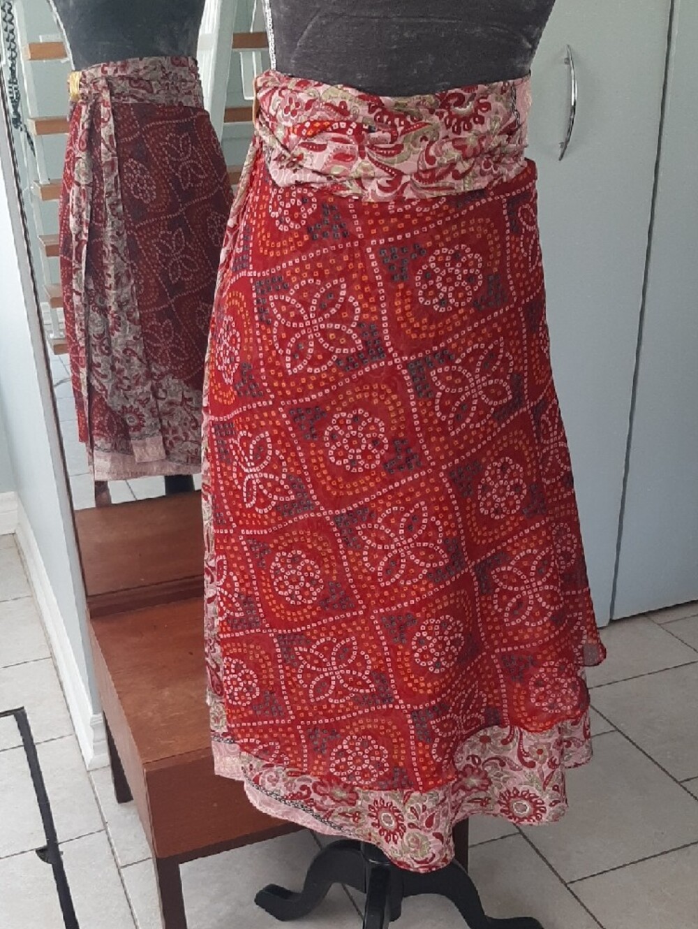 HANDMADE✌Boho WRAP Tie-Waist Midi Skirt MADE from SARI Fits Sz Small/Extra Lge - Picture 5 of 9